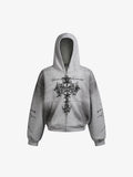 Street Wasteland Washed Cross Print Zip Up Hoodie - 2561