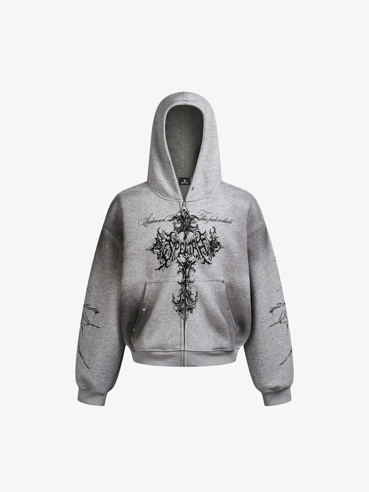 Street Wasteland Washed Cross Print Zip Up Hoodie - 2561