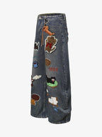 Retro Cartoon Graphic Heavy Embroidery Barrel Jeans - 2562
