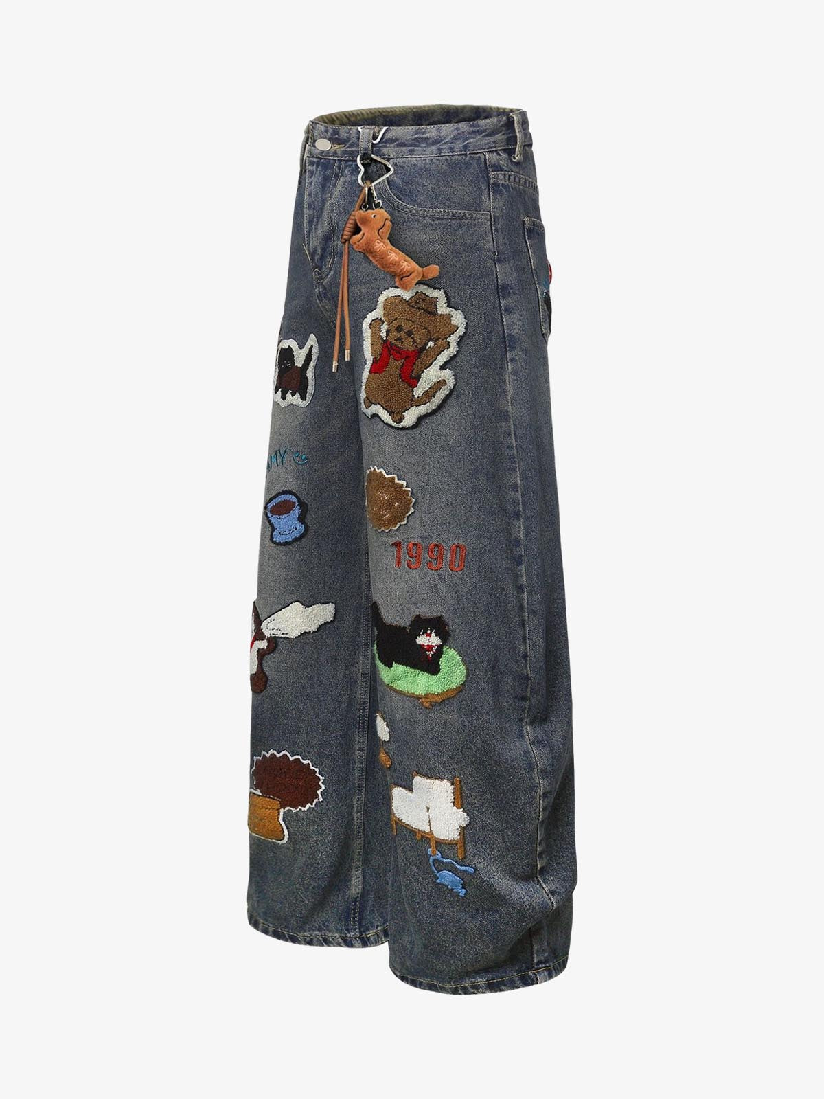 Retro Cartoon Graphic Heavy Embroidery Barrel Jeans - 2562