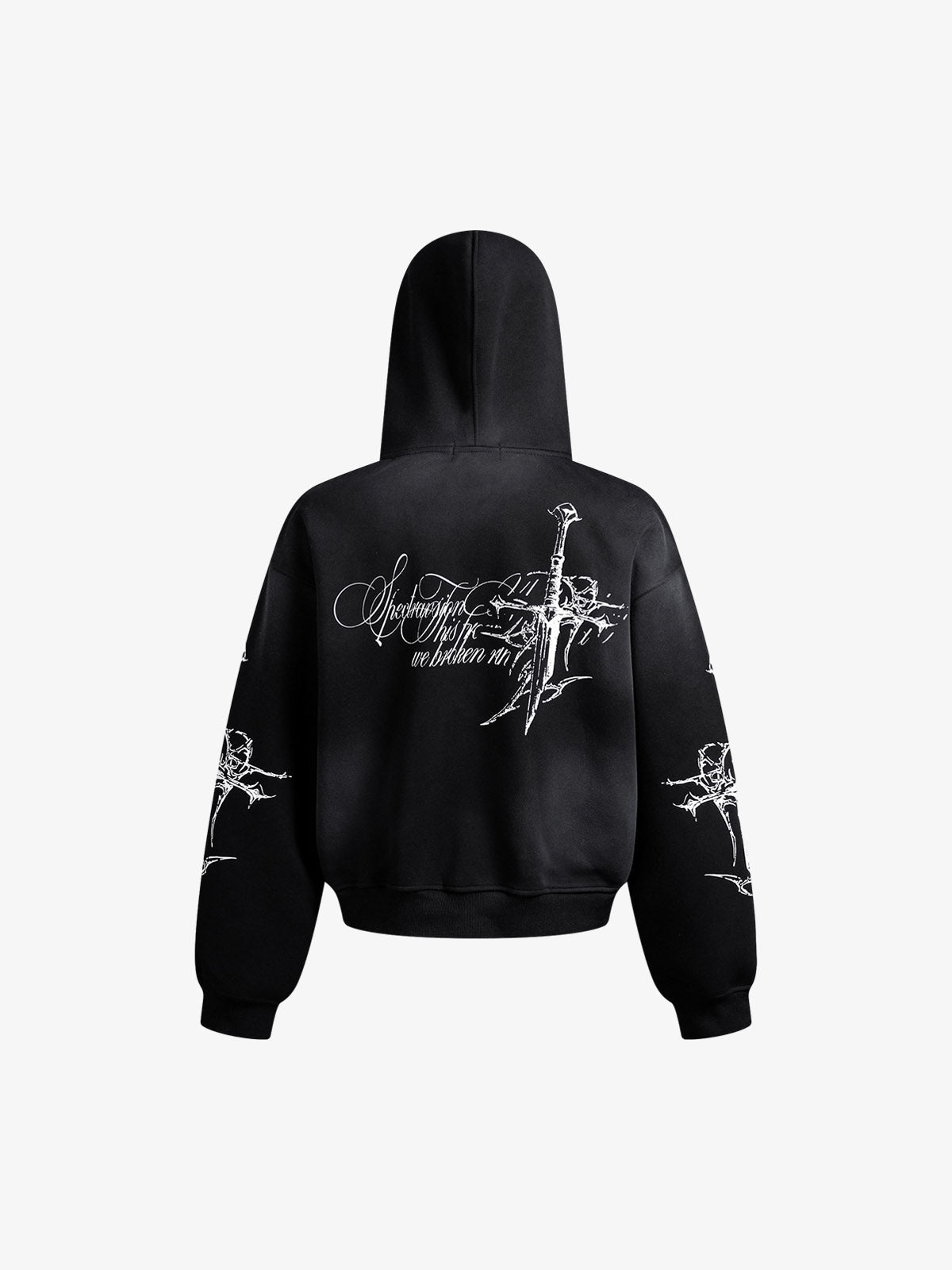 Street Wasteland Washed Cross Print Zip Up Hoodie - 2561