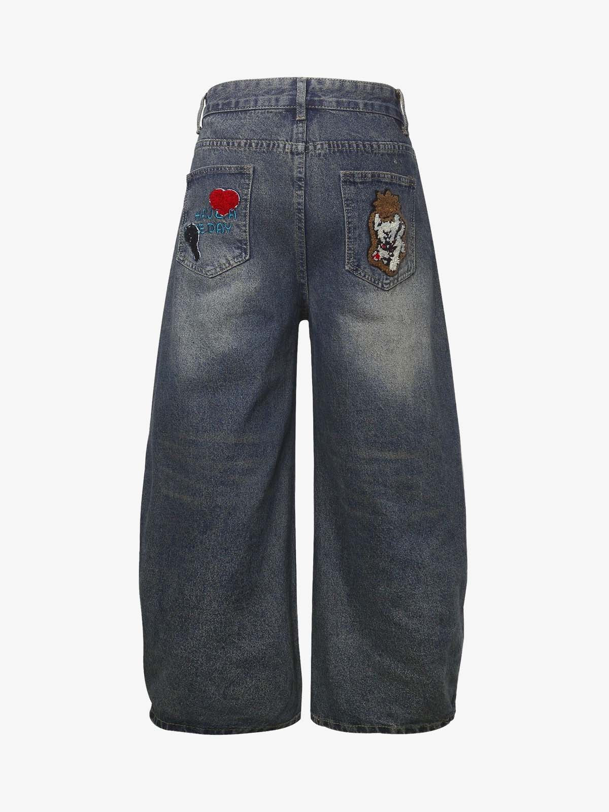 Retro Cartoon Graphic Heavy Embroidery Barrel Jeans - 2562