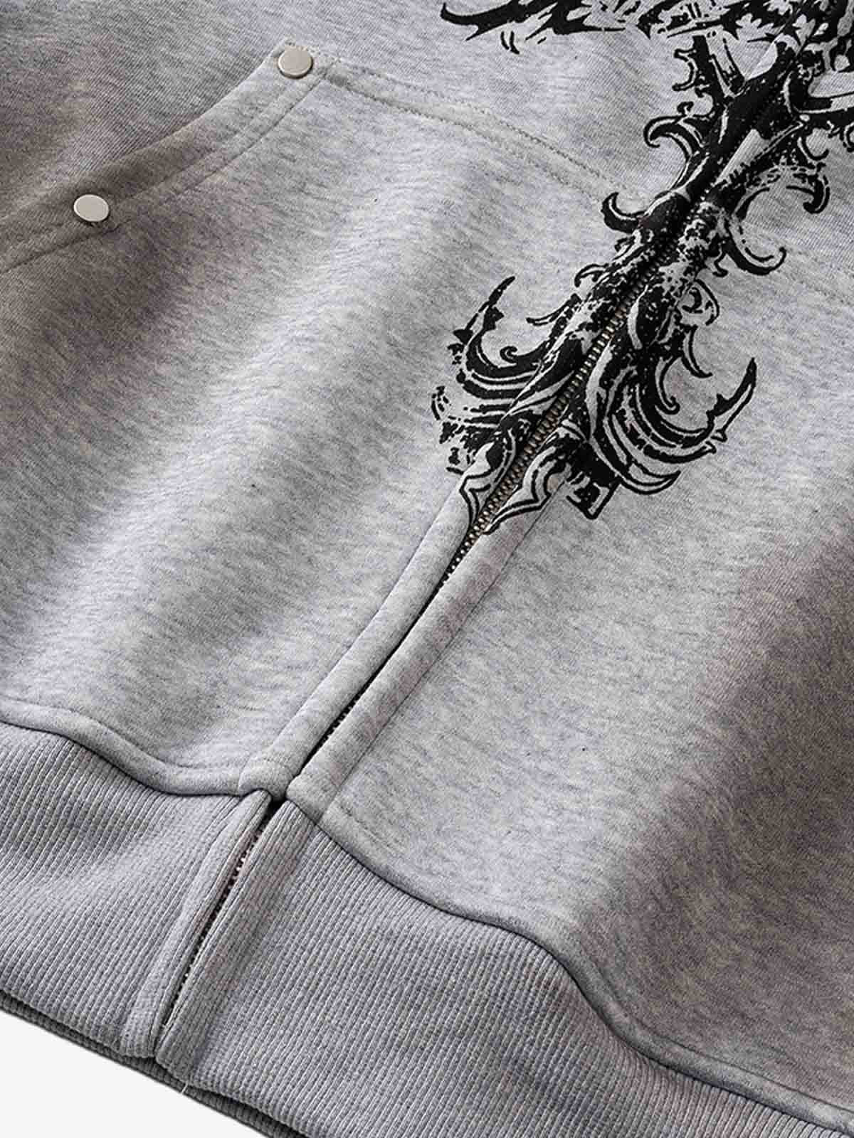 Street Wasteland Washed Cross Print Zip Up Hoodie - 2561