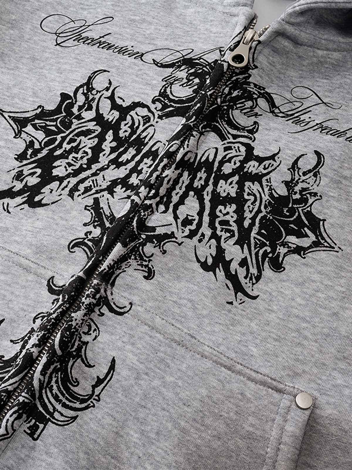 Street Wasteland Washed Cross Print Zip Up Hoodie - 2561