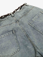 Denim Retro Belt Detail With Patchwork Barrel Jeans - 2490