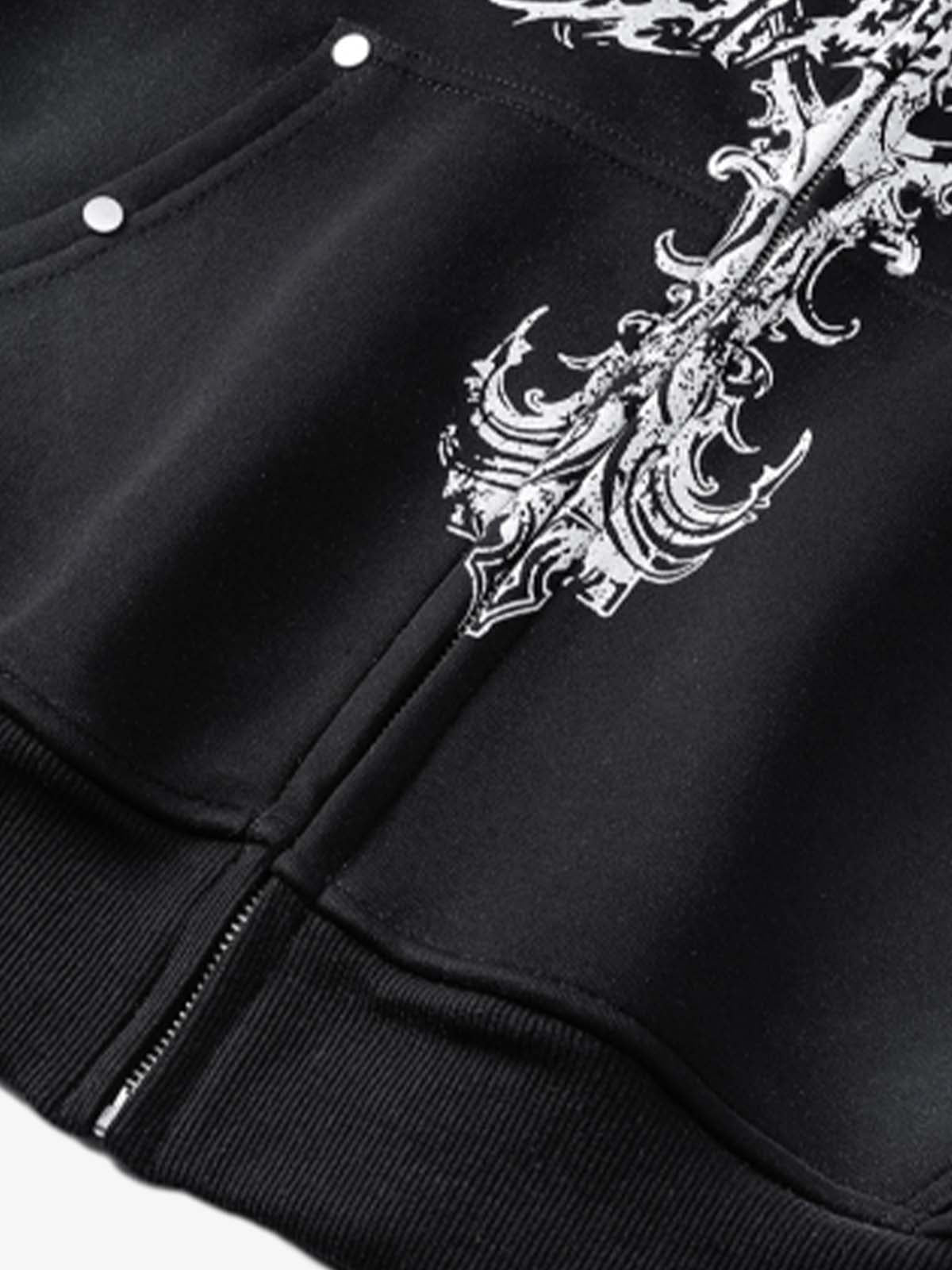 Street Wasteland Washed Cross Print Zip Up Hoodie - 2561