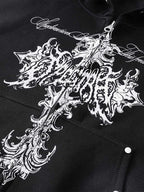 Street Wasteland Washed Cross Print Zip Up Hoodie - 2561