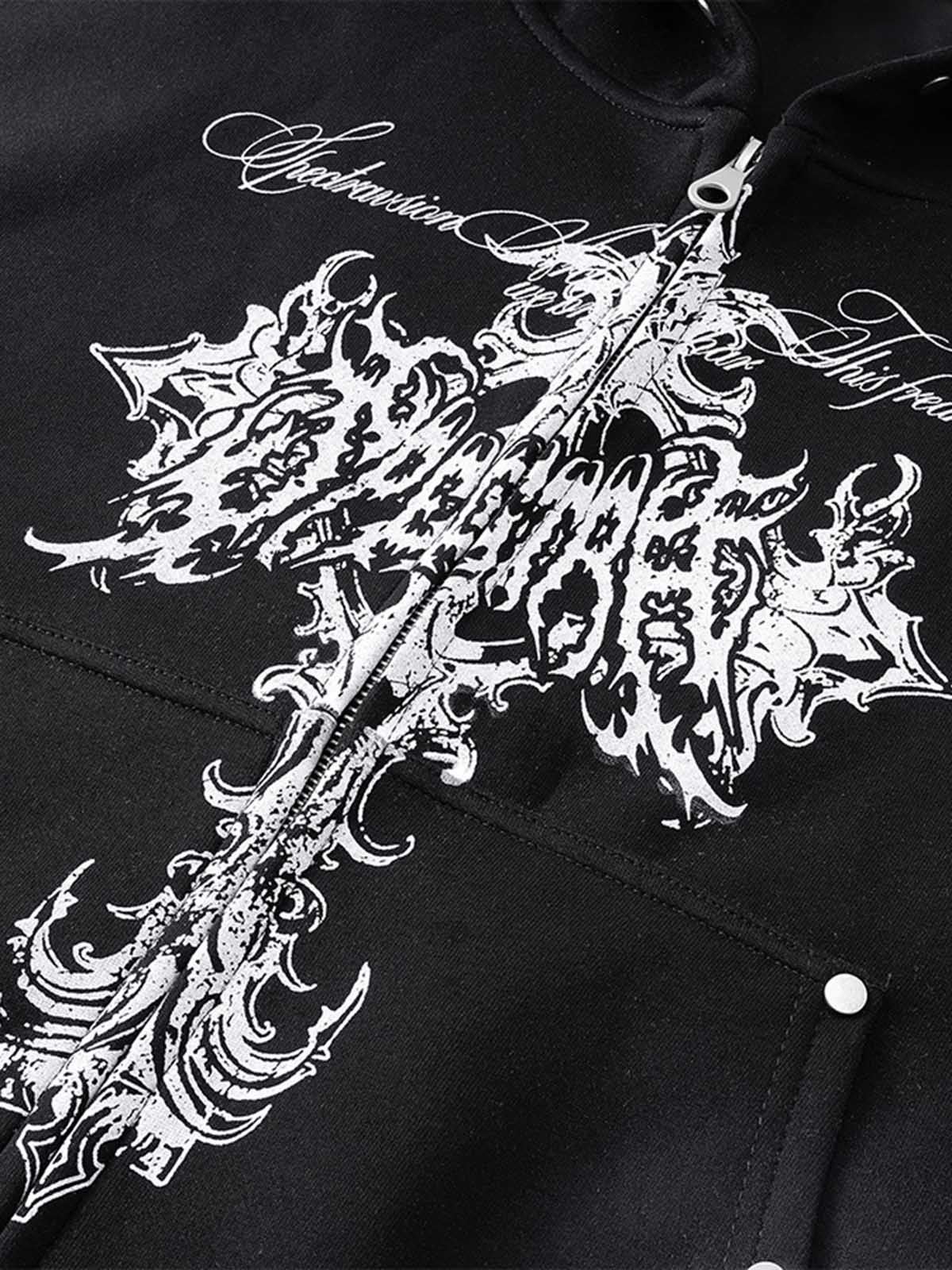 Street Wasteland Washed Cross Print Zip Up Hoodie - 2561