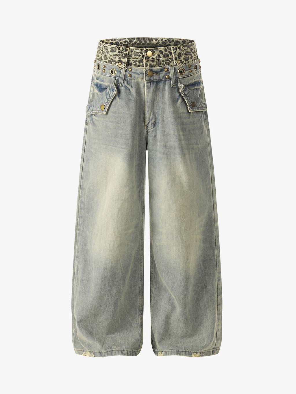 Y2K Double Waistband Leopard Print Wide Leg Jeans