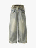 Y2K Double Waistband Leopard Print Wide Leg Jeans