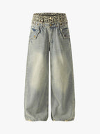 Y2K Double Waistband Leopard Print Wide Leg Jeans