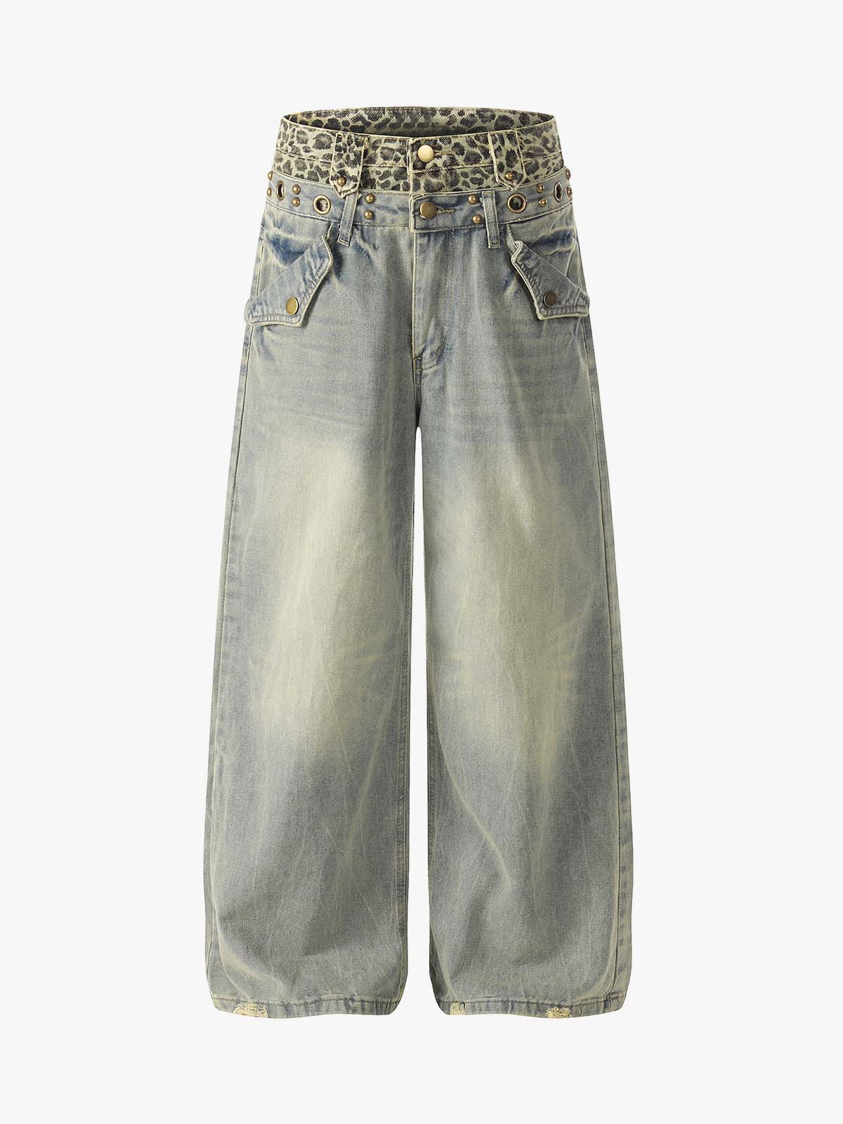 Y2K Double Waistband Leopard Print Wide Leg Jeans