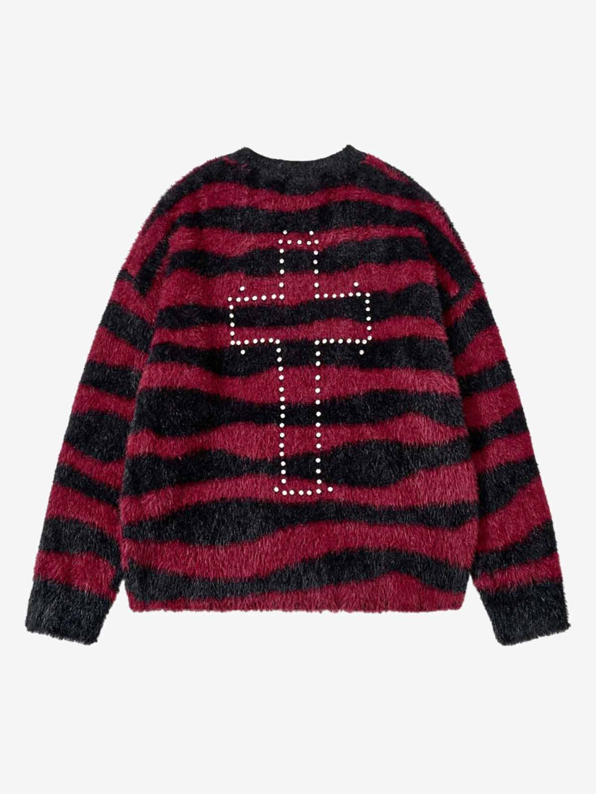 Retro Rhinestone Cross Fuzzy Zebra Stripe Sweater