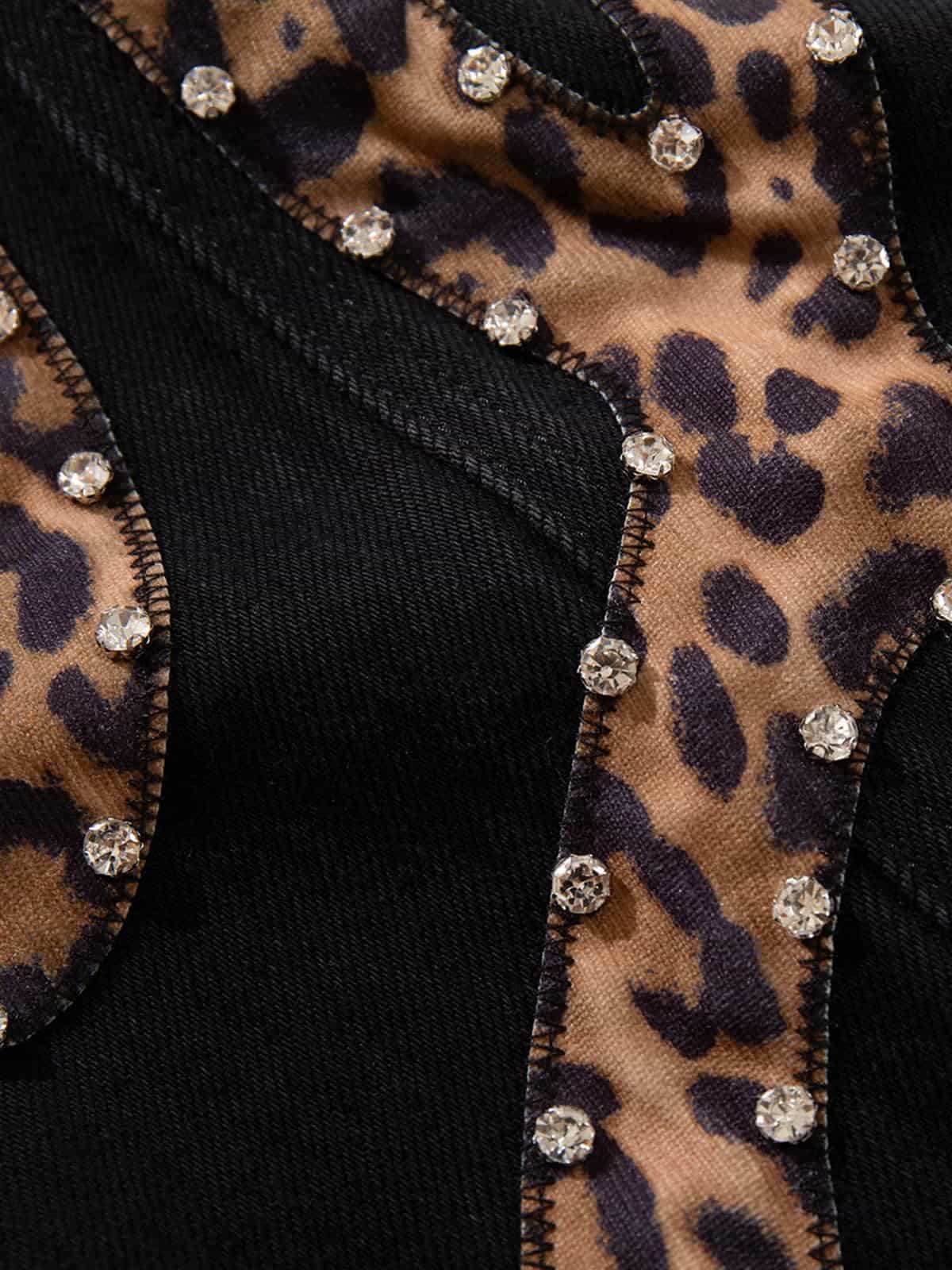 Retro Rhinestone Leopard Patch Music Note Straight Jeans