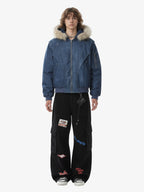 Washed Patchwork Contrast Bomber Jacket
