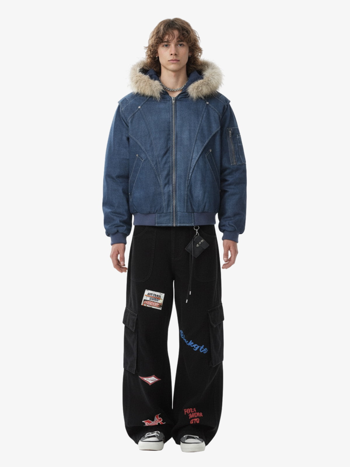 Washed Patchwork Contrast Bomber Jacket