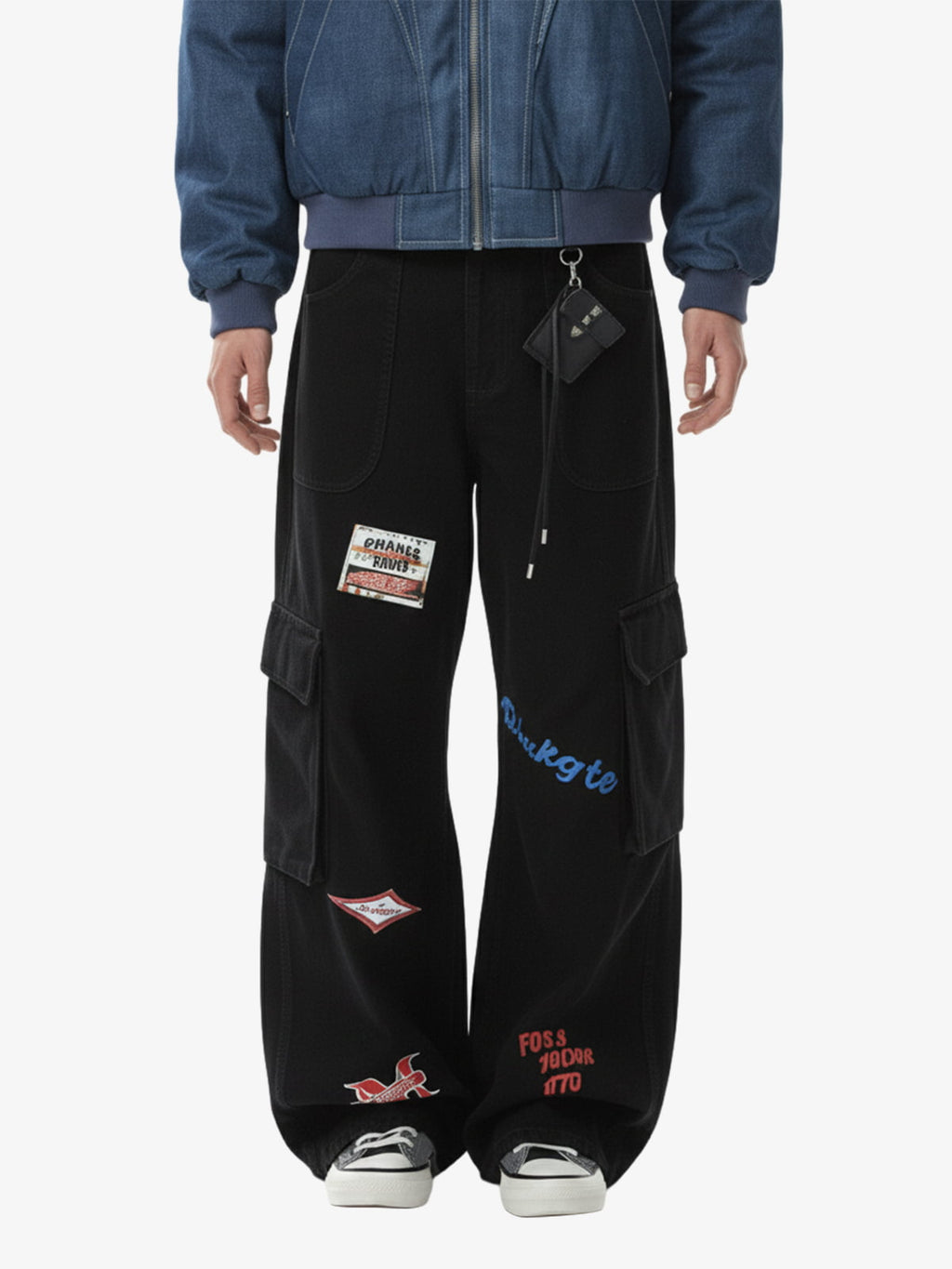 Retro Patchwork Graphic Multi-Pocket Flared Cargo Pants