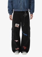Retro Patchwork Graphic Multi-Pocket Flared Cargo Pants