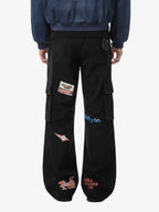 Retro Patchwork Graphic Multi-Pocket Flared Cargo Pants
