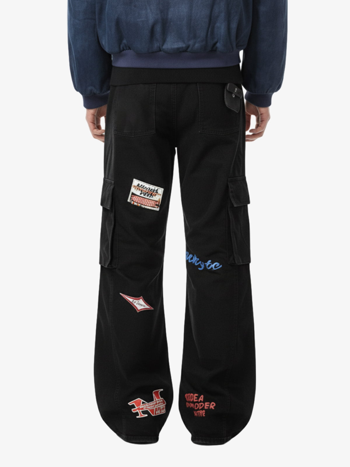 Retro Patchwork Graphic Multi-Pocket Flared Cargo Pants
