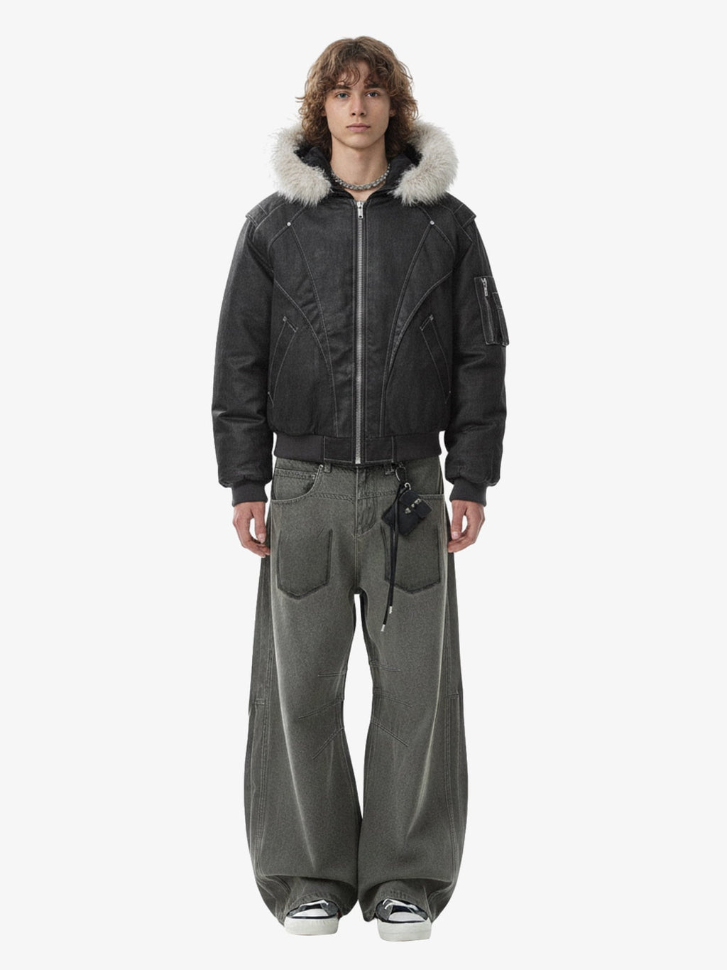 Washed Patchwork Contrast Bomber Jacket