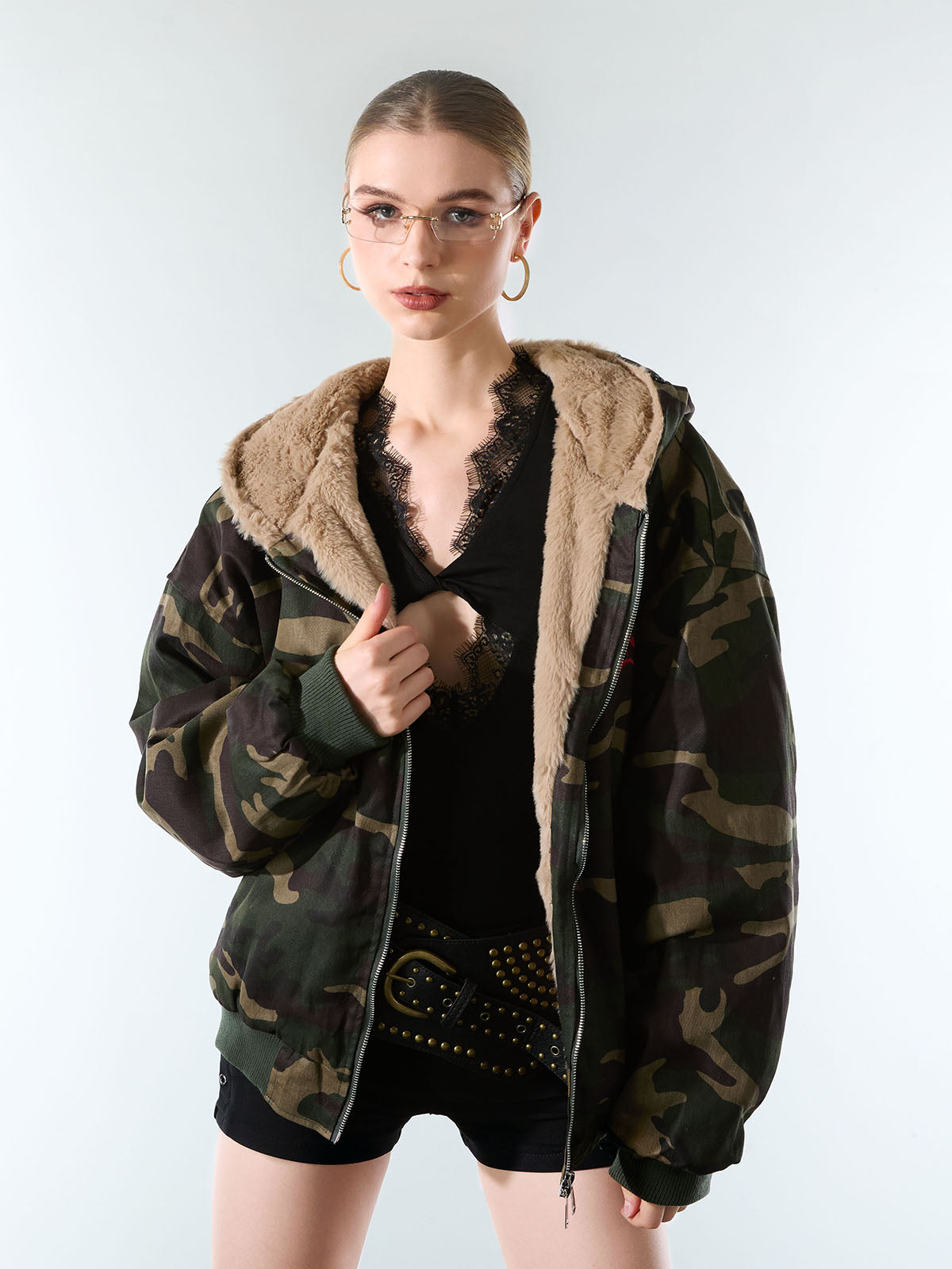 Embroidered Detachable Fur Hooded Jacket - 2546