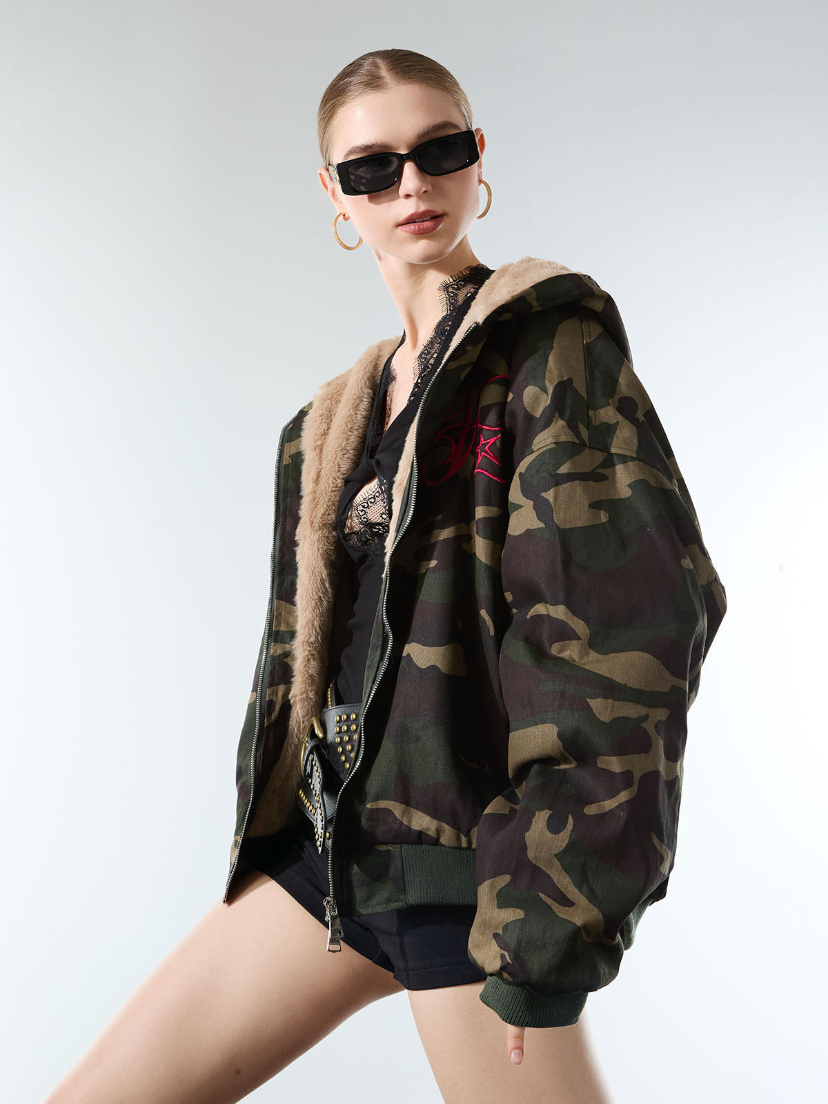 Embroidered Detachable Fur Hooded Jacket - 2546