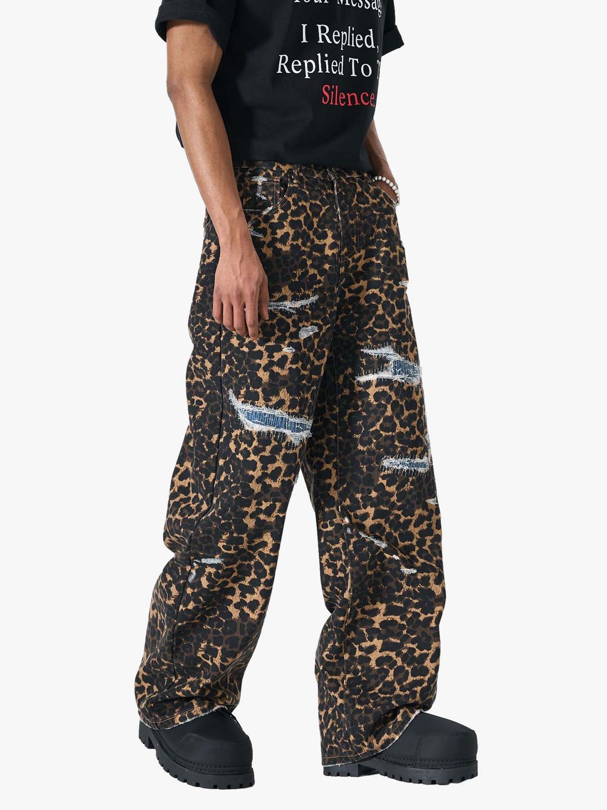 Bold Leopard Print Distressed Wide-Leg Jeans