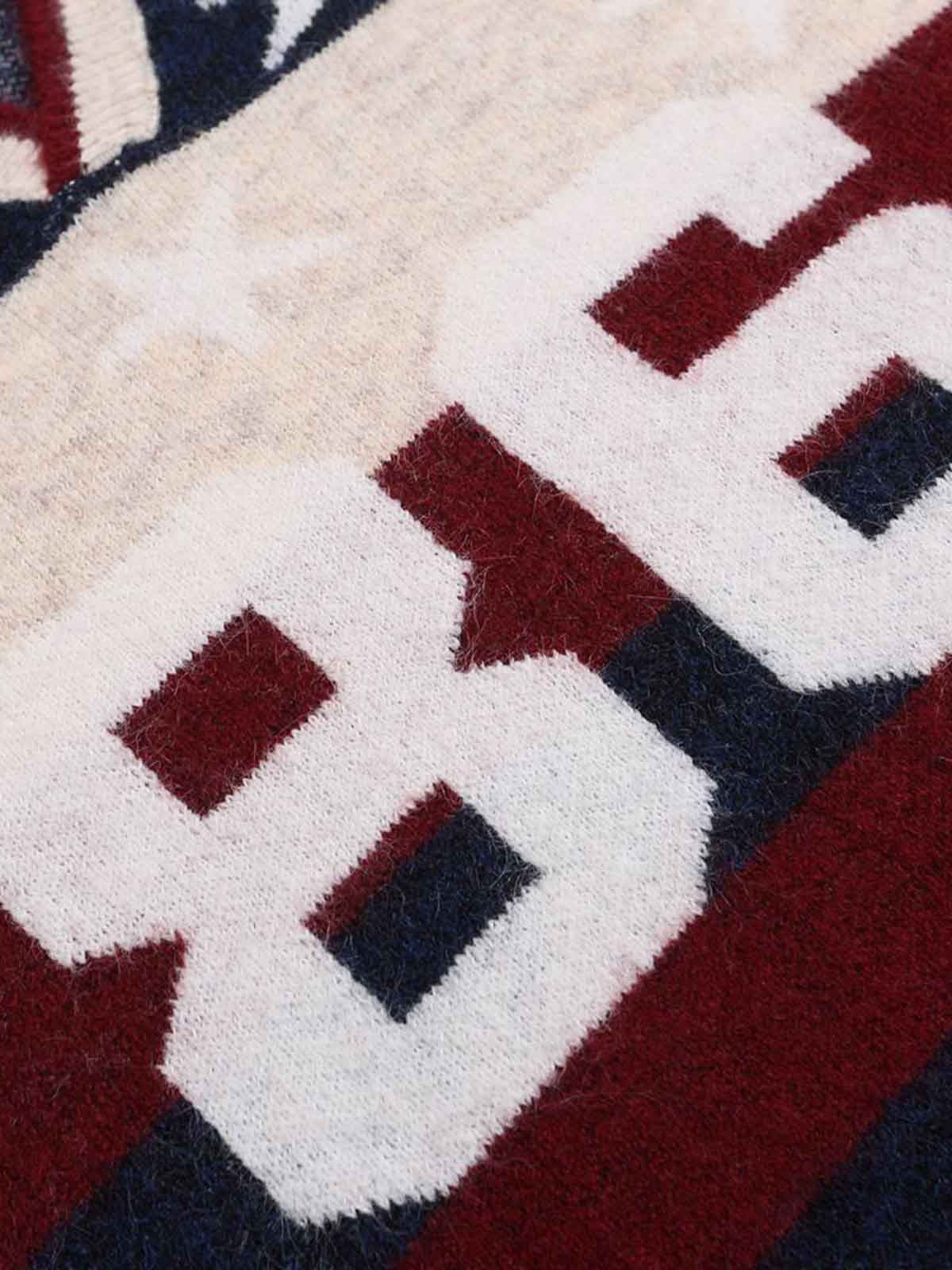 Retro Star Patchwork Striped V-Neck Polo Sweater