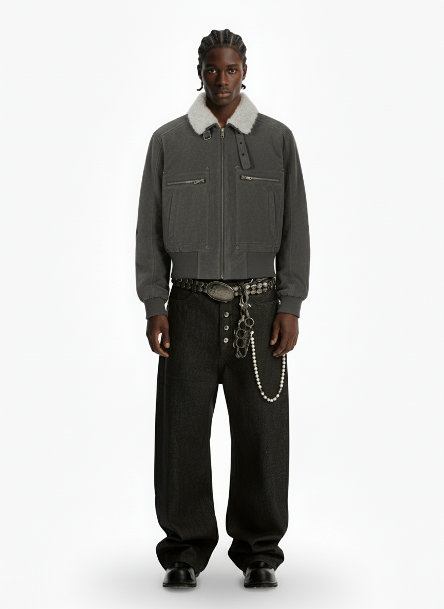 Utility Faux Shearling Collar Suede Look Zip Up Jacket