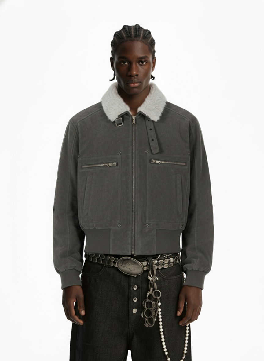 Utility Faux Shearling Collar Suede Look Zip Up Jacket