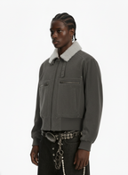 Utility Faux Shearling Collar Suede Look Zip Up Jacket