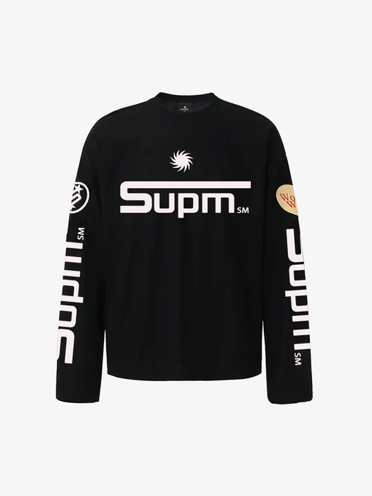 Textured Waffle SUPM Letter Graphic Long Sleeve T-Shirt - 2600