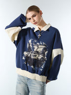 Original Racing Style Print Lapel Sweatshirt