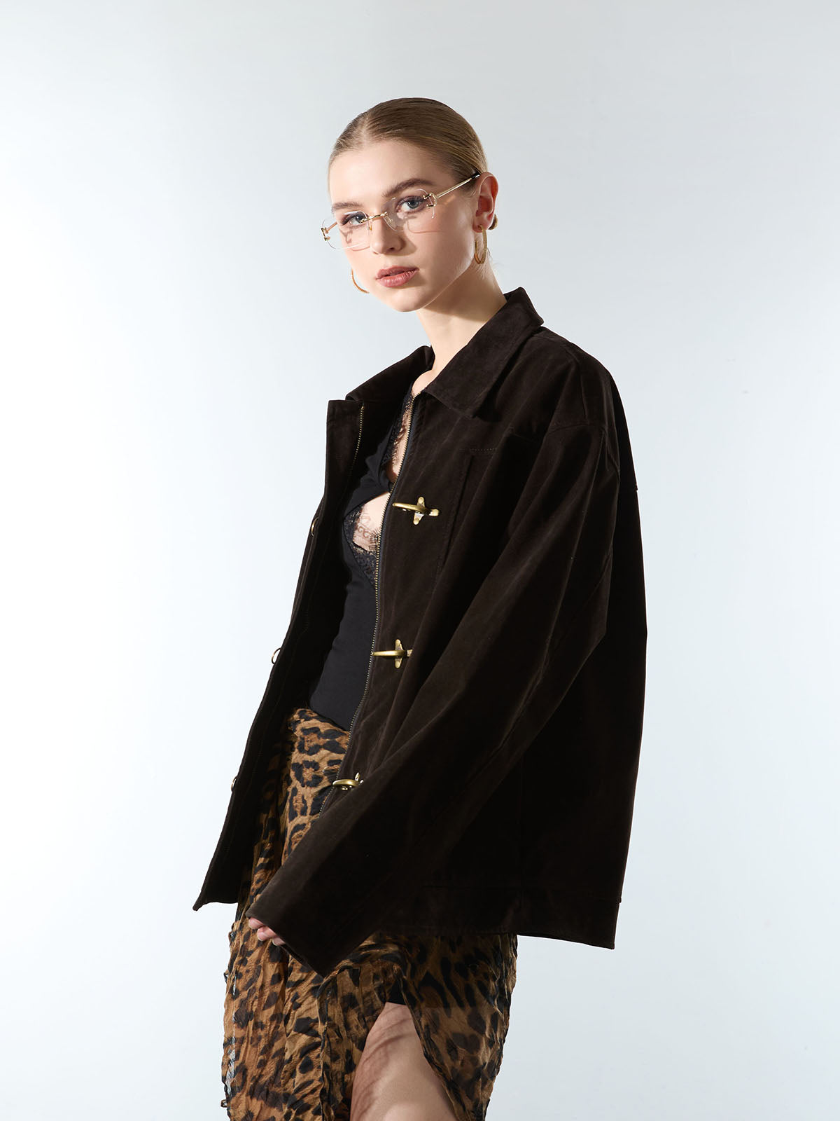 Retro Unique Metal Button Suede Lapel Bomber Jacket - 2538