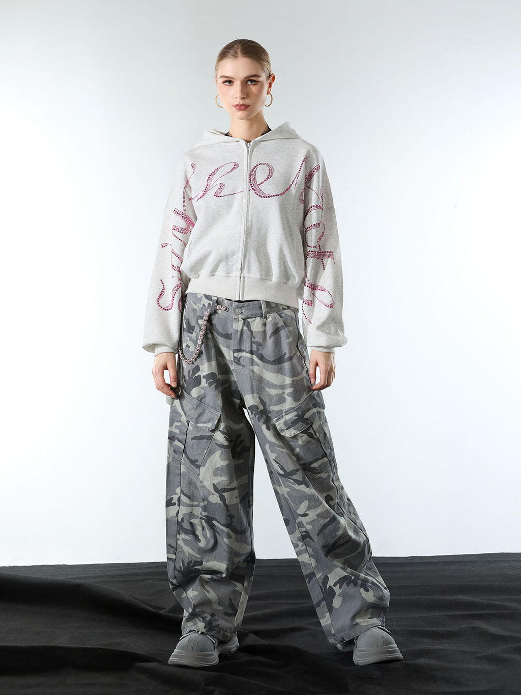 Snow Camouflage Machete Wide-Leg Cargo Barrel Pants - 2548