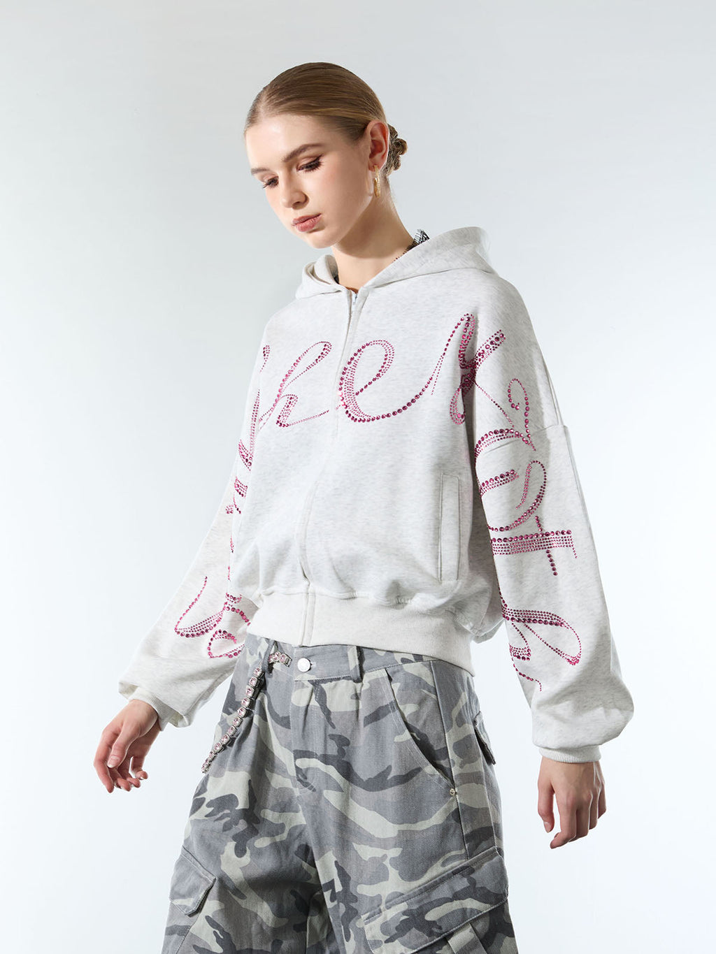 Street Hip-Hop Rhinestone Cropped Zip Up Hoodie