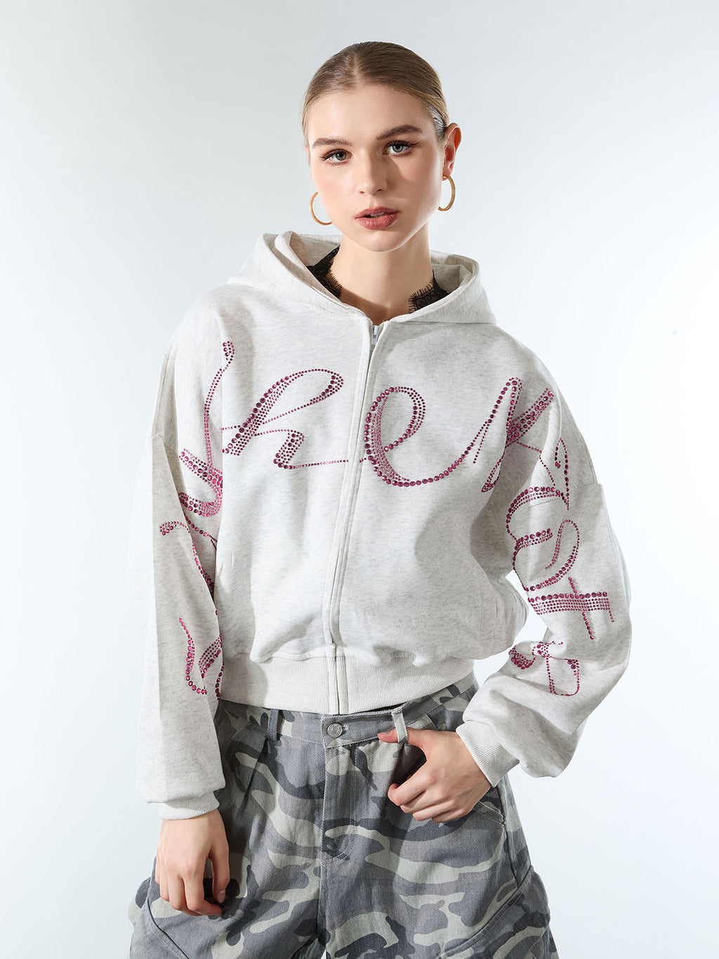 Street Hip-Hop Rhinestone Cropped Zip Up Hoodie