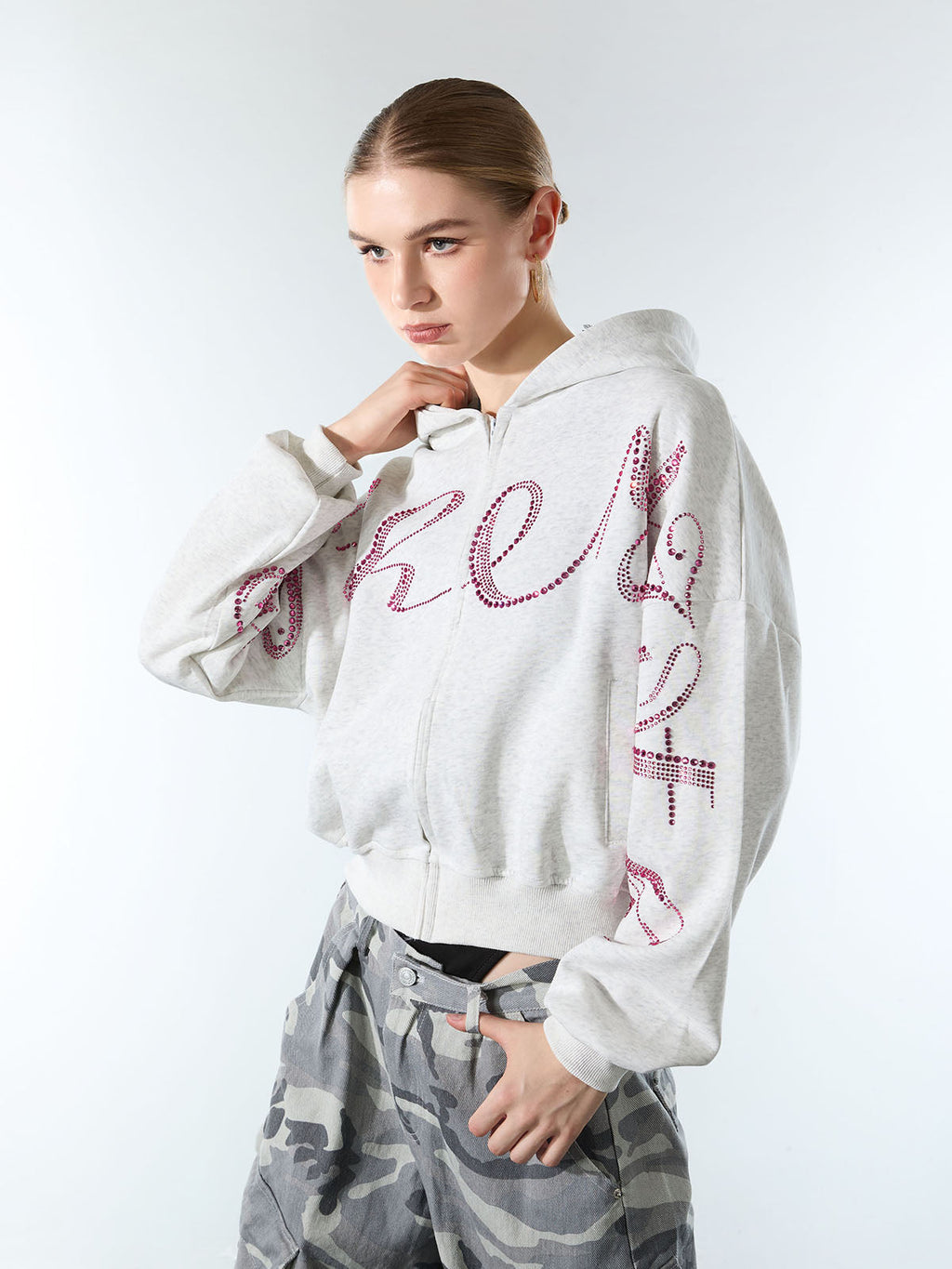 Street Hip-Hop Rhinestone Cropped Zip Up Hoodie