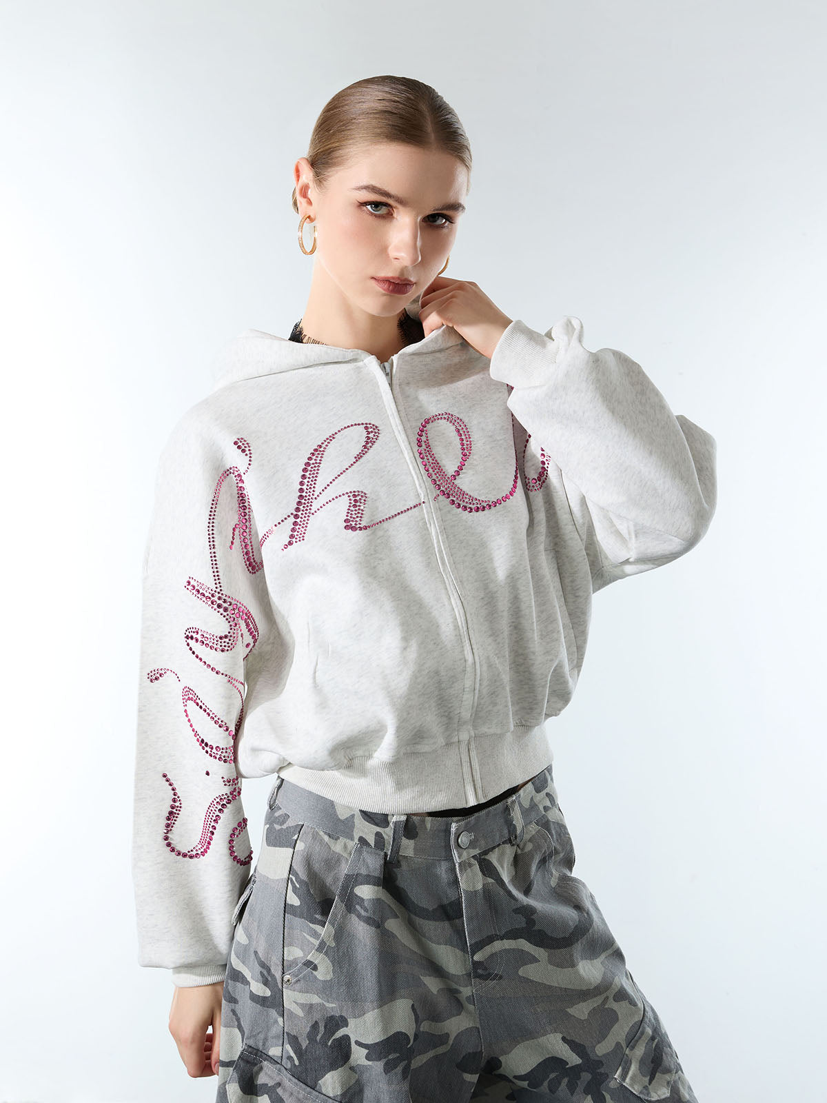 Street Hip-Hop Rhinestone Cropped Zip Up Hoodie