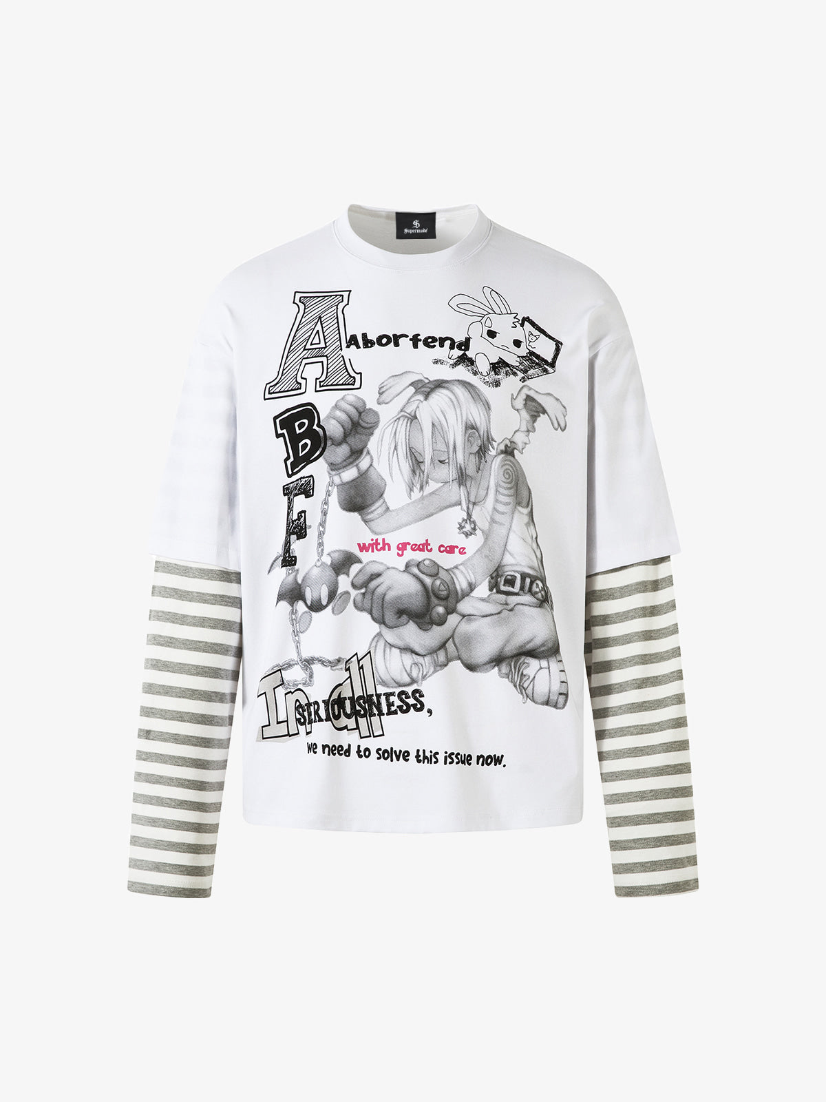 Cartoon Print Striped Sleeve Faux Two-Piece Long-Sleeve T-Shirt