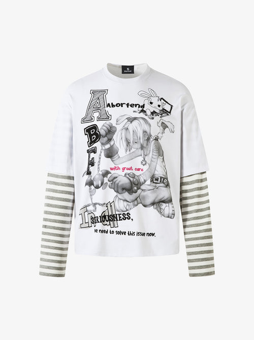 Cartoon Print Striped Sleeve Faux Two-Piece Long-Sleeve T-Shirt