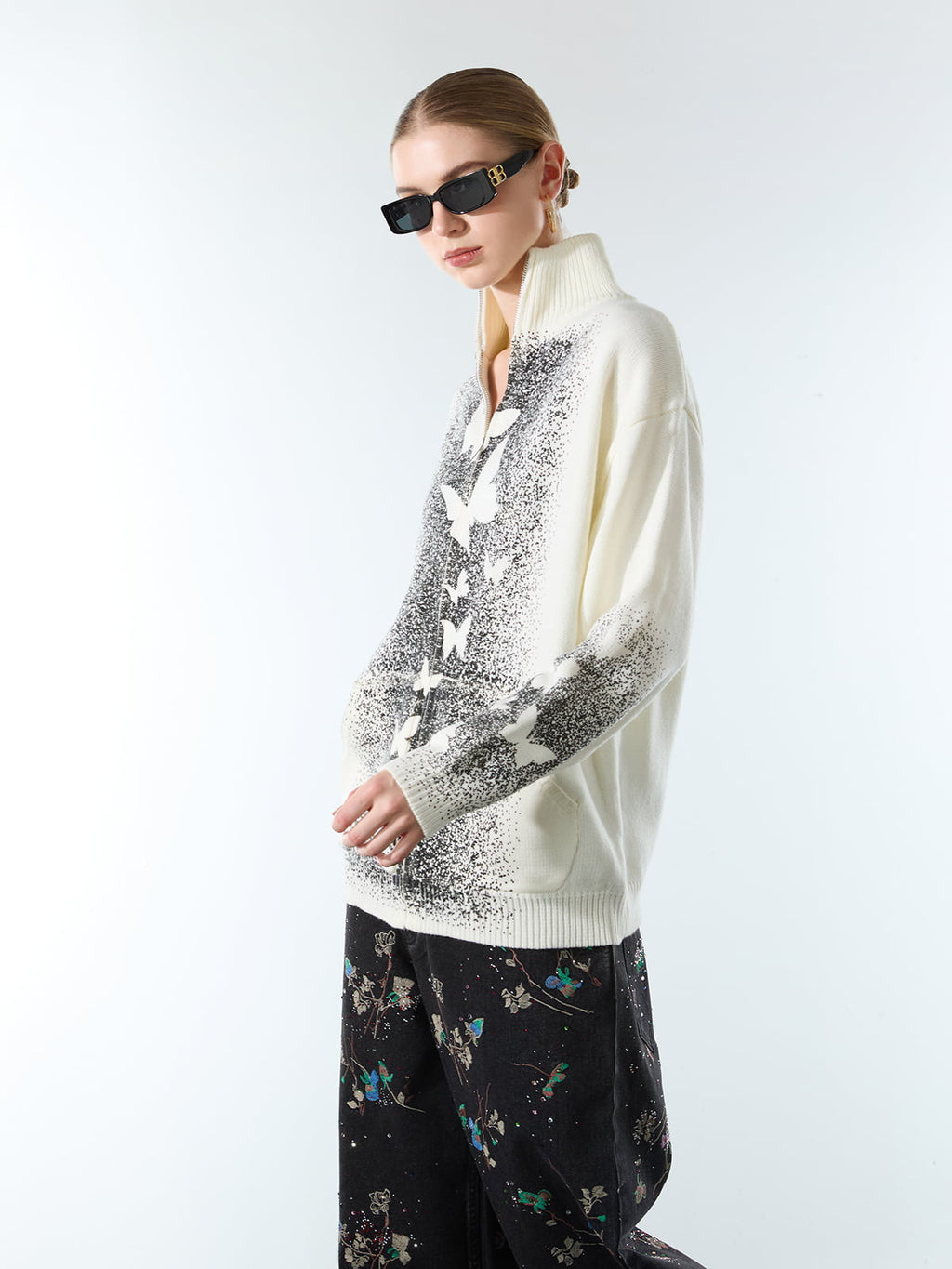 Street Dark Phantom Butterfly Stand-Collar Knit Cardigan Sweater