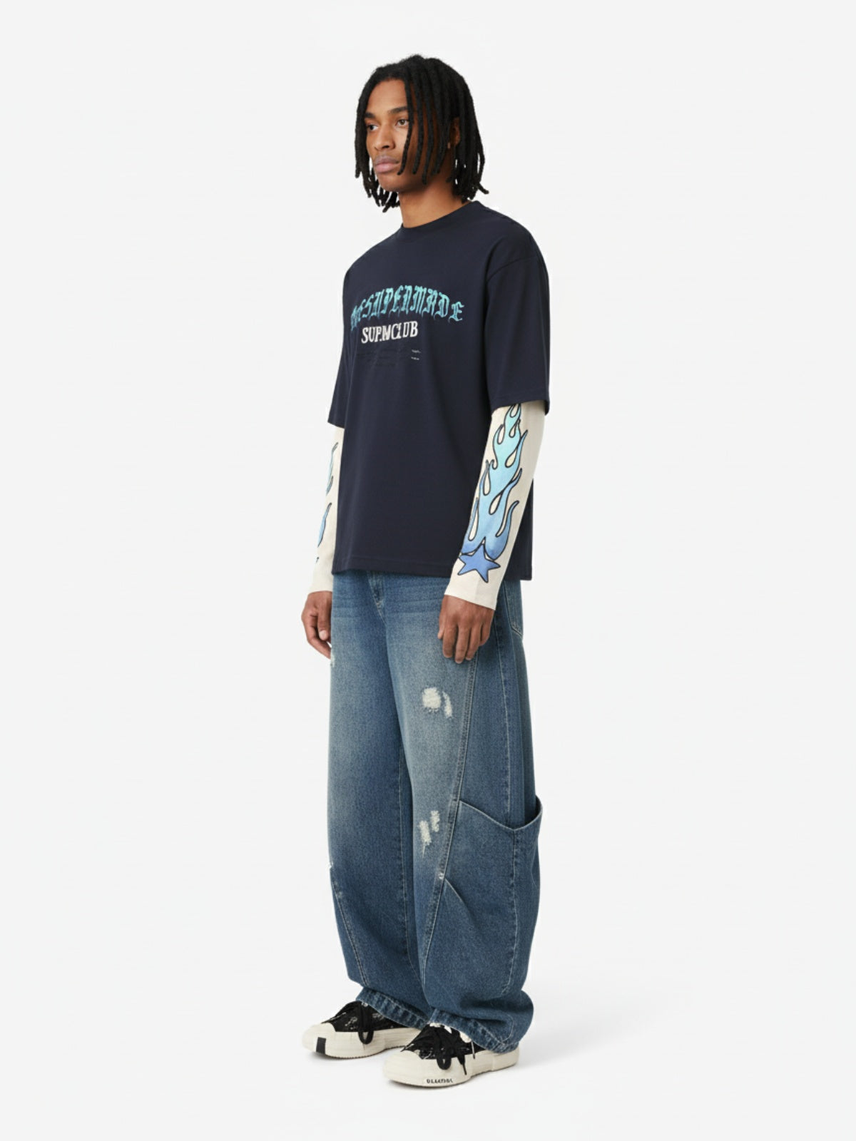 Gradient Letter Print Patchwork Faux Two-Piece Long-Sleeved T-Shirt