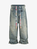 Distressed Contrast Drawstring Knee-Length Jeans
