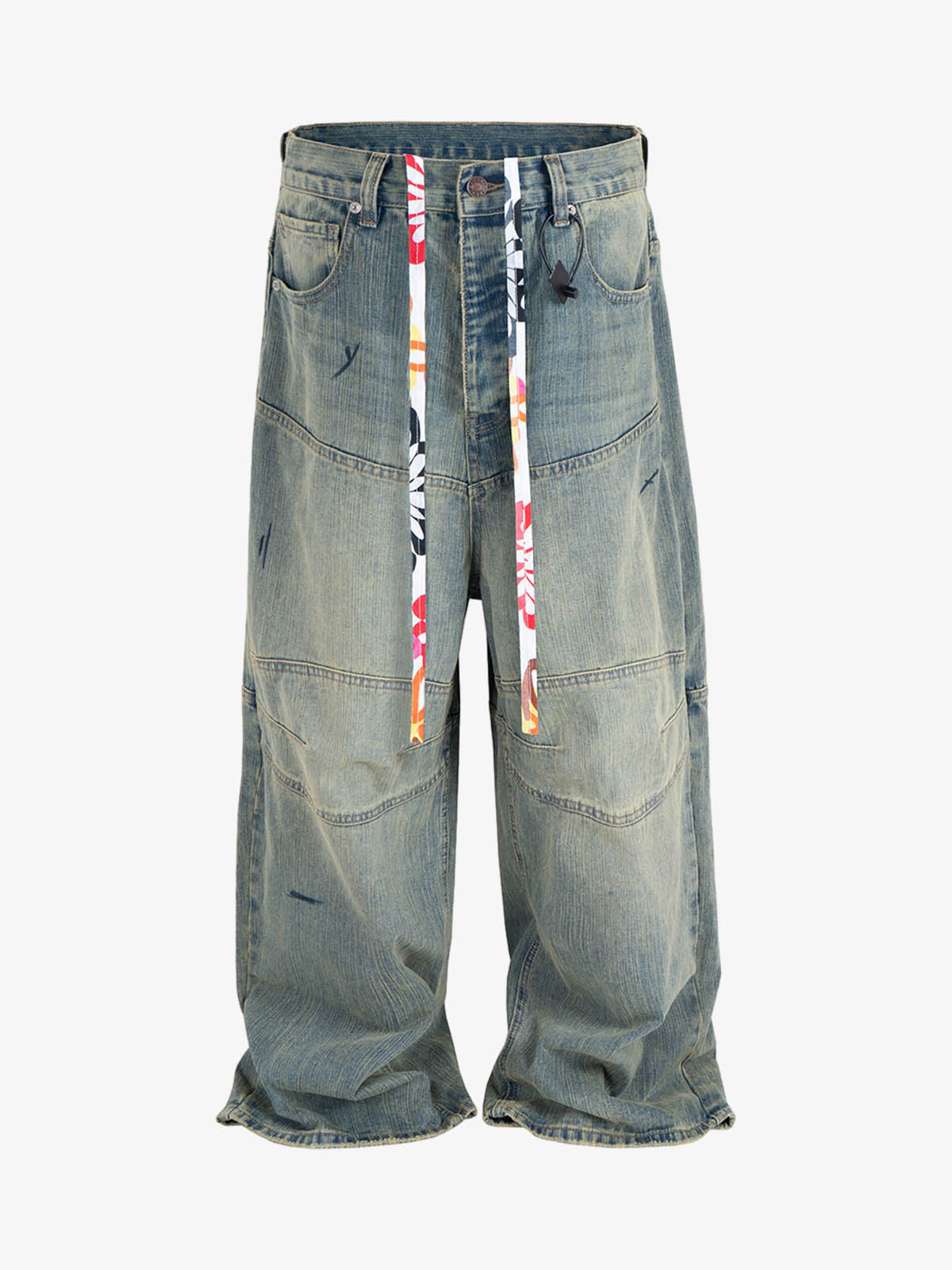 Distressed Contrast Drawstring Knee-Length Jeans