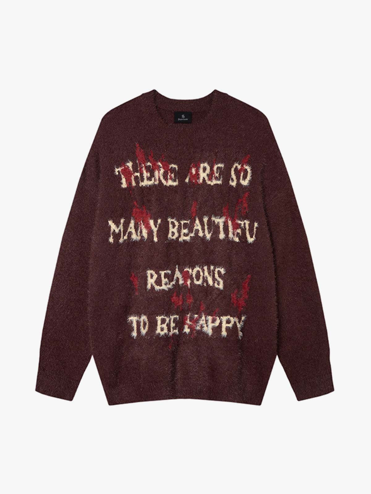 Burning Letter Jacquard Fuzzy Mohair Knit Sweater