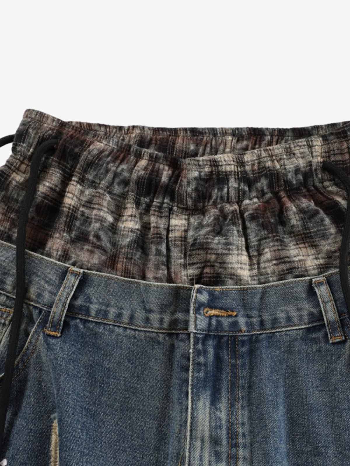 Distressed Plaid Layered Drawstring Wide Leg Jeans