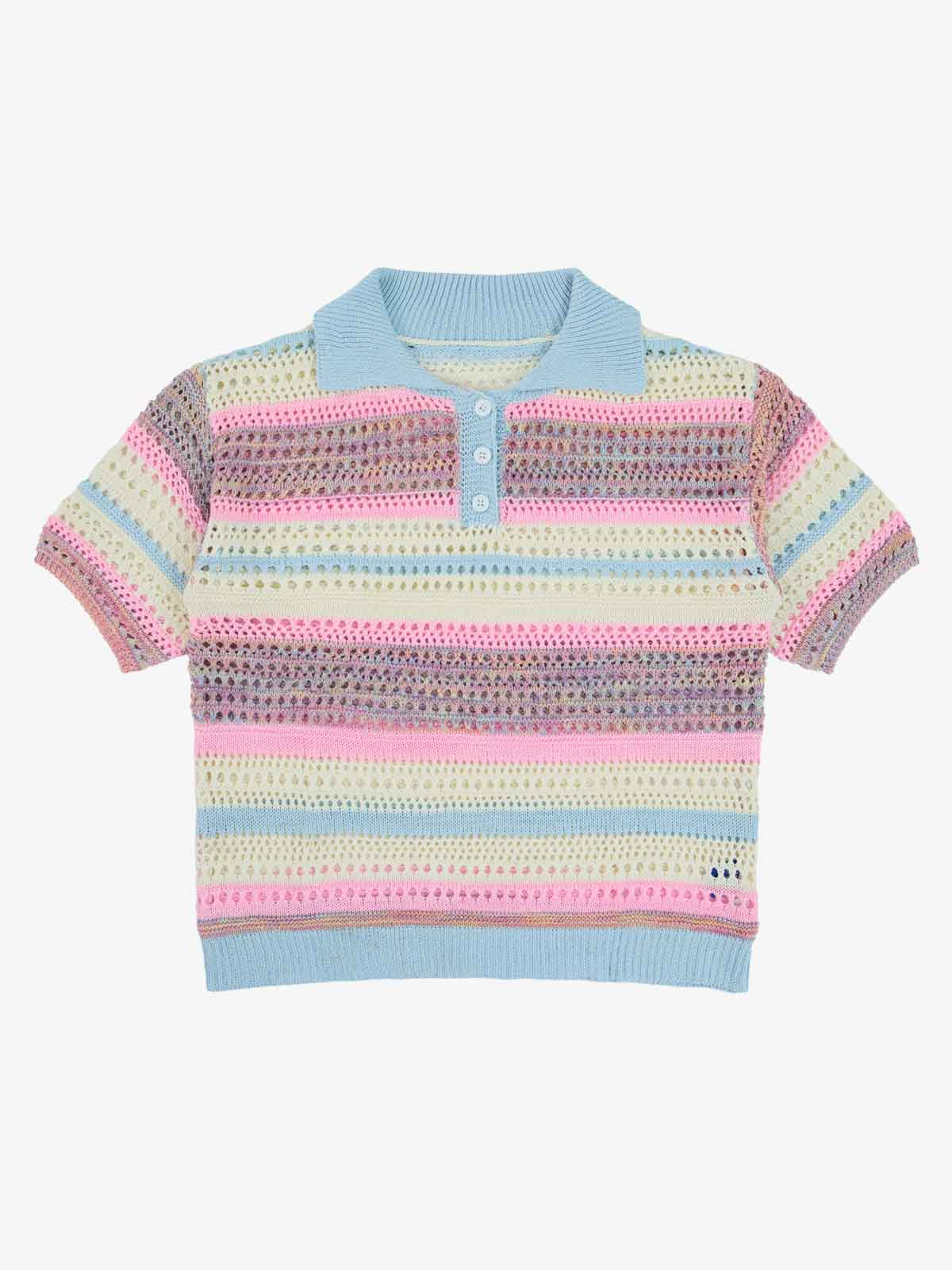Pastel Striped Crochet Knit Short Sleeve Polo Shirt