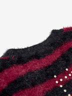 Retro Rhinestone Cross Fuzzy Zebra Stripe Sweater